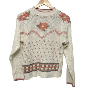 Vintage Handmade Crew Neck Floral Knit Pullover Sweater Neutrals Women's Medium
